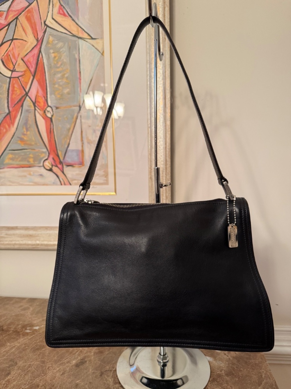 Vintage Coach Black Zip-Top Shoulder Bag #6145 Silver/Nickel Hardware Minimalist